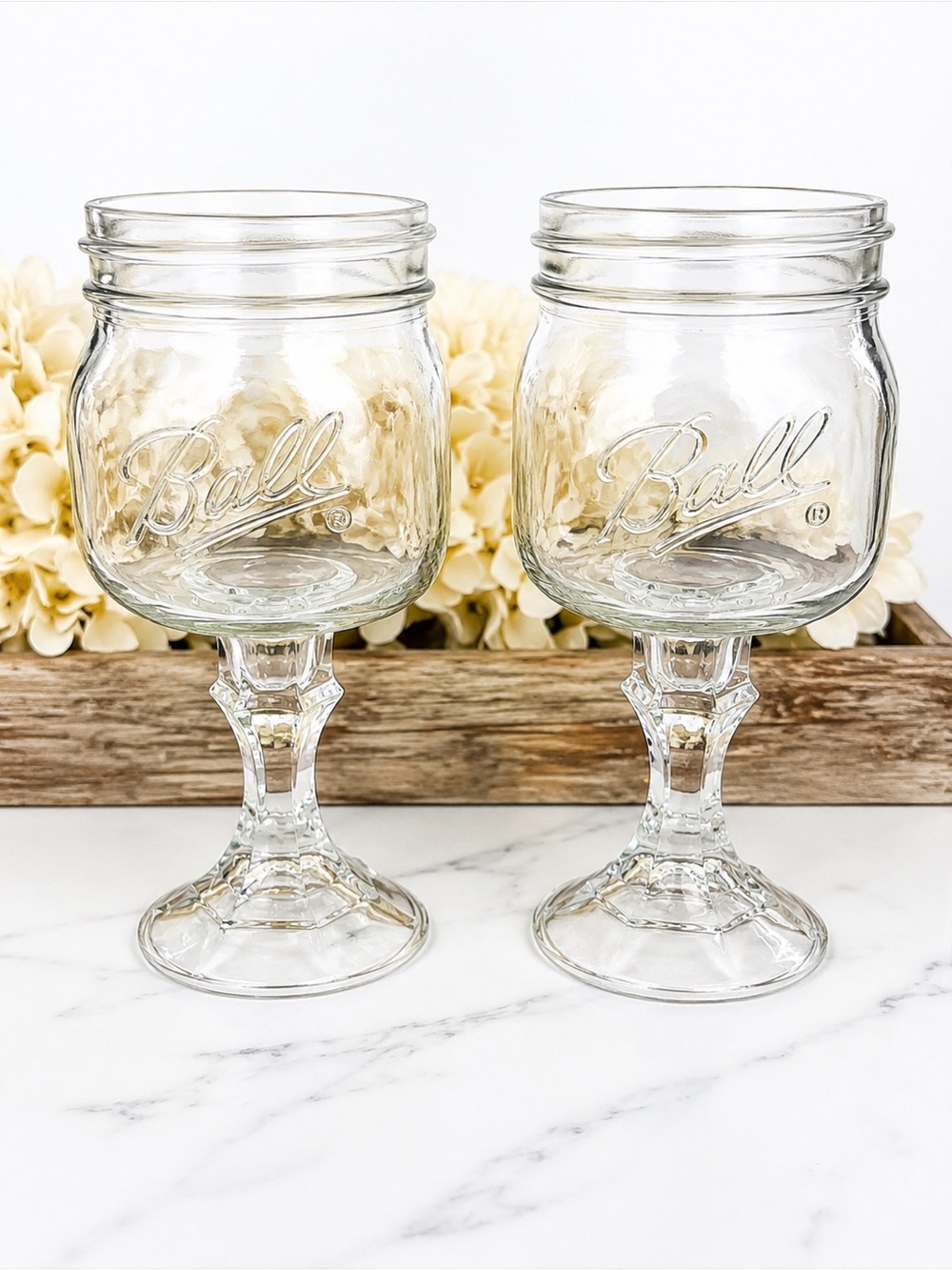 Ball Embossed Mason Goblet Glasses - Clear Stemmed Drinkware (Set of 2)